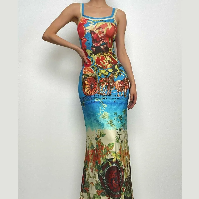 Backless abstract contrast u neck sleeveless maxi dress Stylish V-Neck Maxi Dress