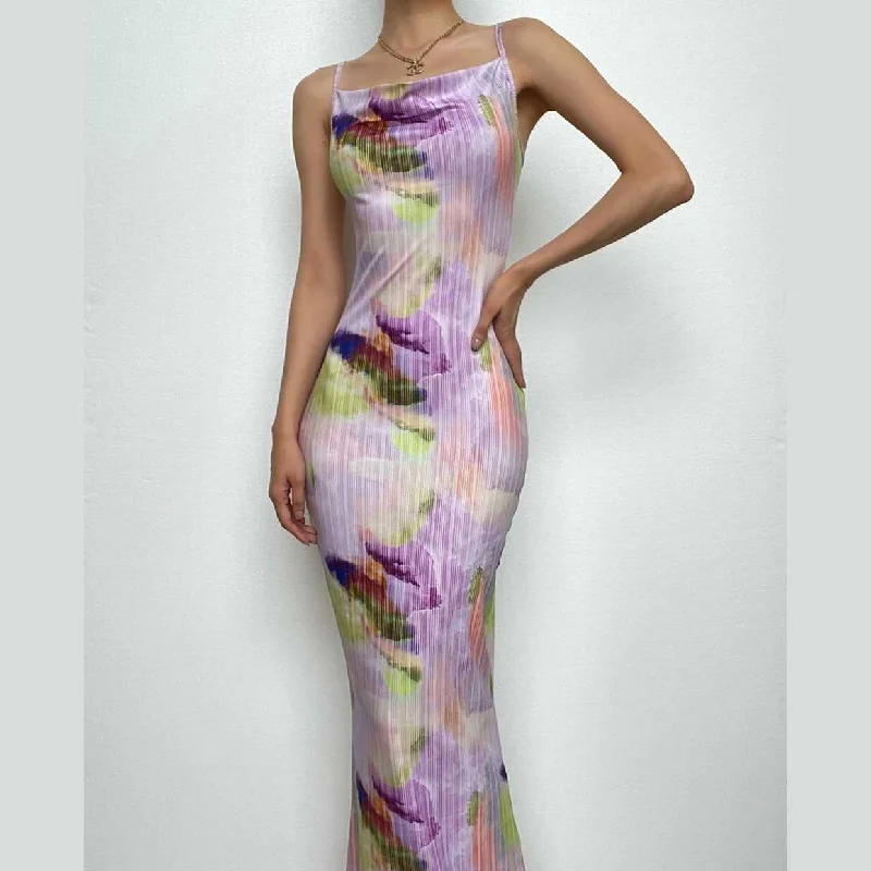 Backless cowl neck v neck contrast print cami maxi dress Comfortable Maxi Dress with Sleeves