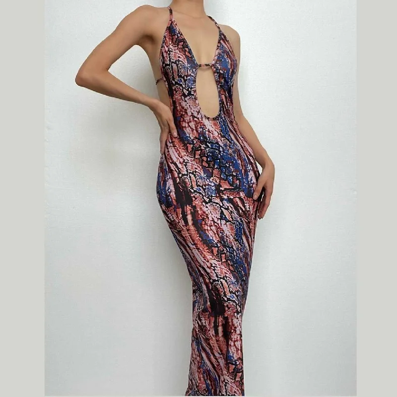 Backless hollow out halter self tie contrast print cut out maxi dress Stylish Longline Maxi Dress Backless hollow out halter self tie contrast print cut out maxi dress Stylish Longline Maxi Dress