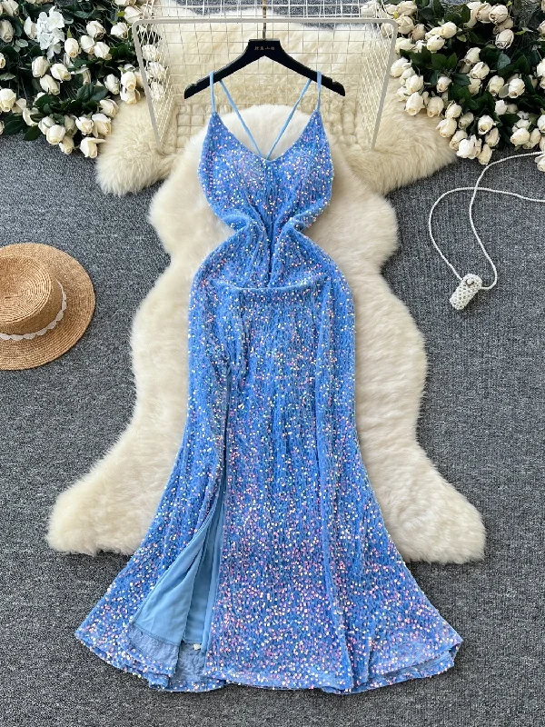 Blue Sequin Backless Midi Maxi Dress Comfortable Bohemian Maxi Dress