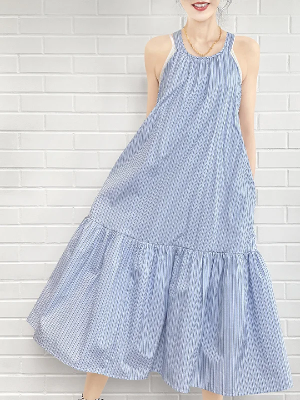 Surprise Sale! Blue Striped Cotton Halter Neck Cross-back Maxi Dress Fashionable Sleeveless Maxi Dress Surprise Sale! Blue Striped Cotton Halter Neck Cross-back Maxi Dress Fashionable Sleeveless Maxi Dress
