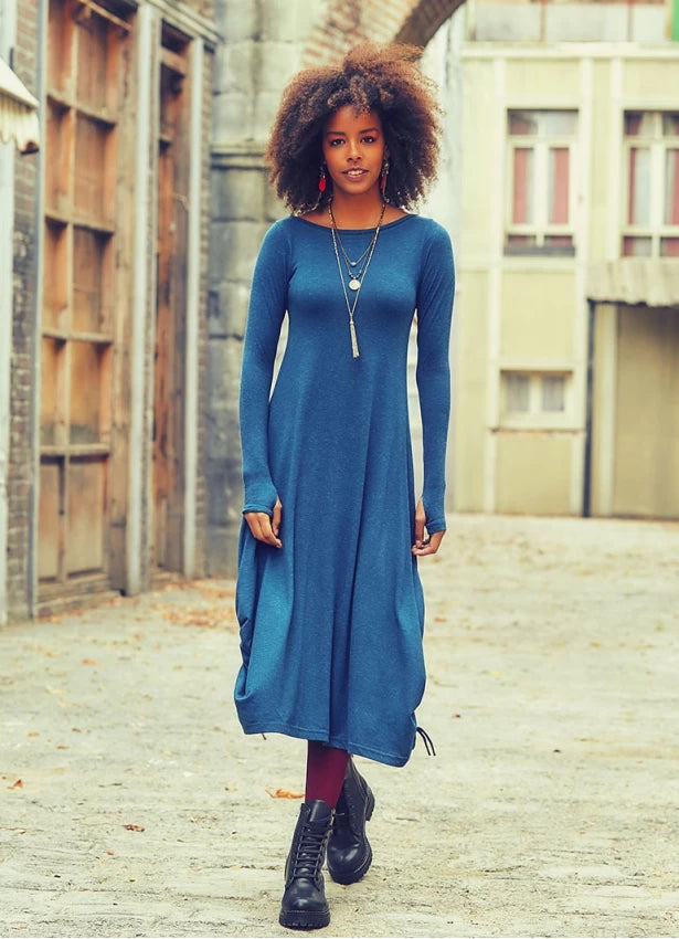 Boat Neckline Side String Detail Long Sleeve Blue Maxi Dress Classic Solid Maxi Dress Boat Neckline Side String Detail Long Sleeve Blue Maxi Dress Classic Solid Maxi Dress