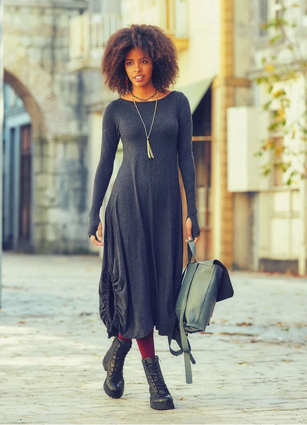 Boat Neckline Thumb Hole Detail Long Sleeve Maxi Dress Dark Grey Fashionable Halter Neck Maxi Dress Boat Neckline Thumb Hole Detail Long Sleeve Maxi Dress Dark Grey Fashionable Halter Neck Maxi Dress
