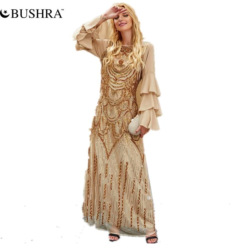 BUSHRA Women Luxury Sequin Maxi Dresses /Chiffon A Line Long Triple Tiered Sleeve Gowns Abaya Elegant Maxi Dress with Drapes BUSHRA Women Luxury Sequin Maxi Dresses /Chiffon A Line Long Triple Tiered Sleeve Gowns Abaya Elegant Maxi Dress with Drapes