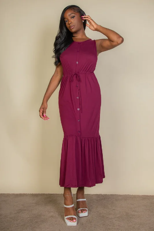 Button Front Tie Waist Sleeveless Maxi Dress Comfortable T-Shirt Maxi Dress