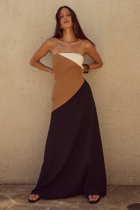 Calisa Maxi Dress - Caramel Multi Fashionable Off-Shoulder Maxi Dress