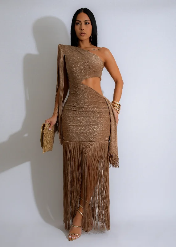 Can't Look Back Fringes Maxi Dress Gold Fashionable Chiffon Maxi Dress