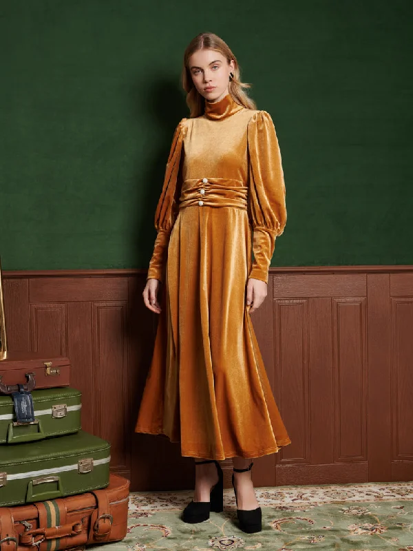Citrine Velvet Maxi Dress Comfortable Long-Sleeve Maxi Dress