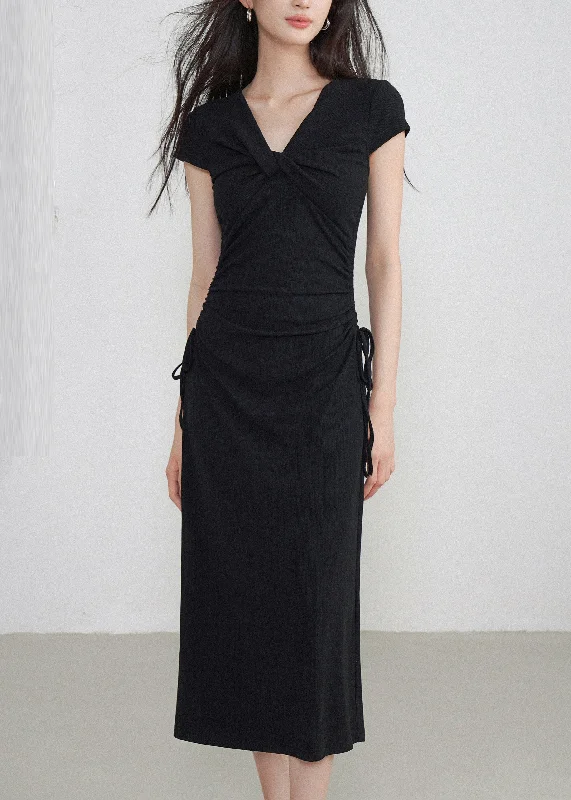 Classy Black V Neck Cinched Maxi Dresses Short Sleeve EE033 Cozy Spaghetti Strap Maxi Dress