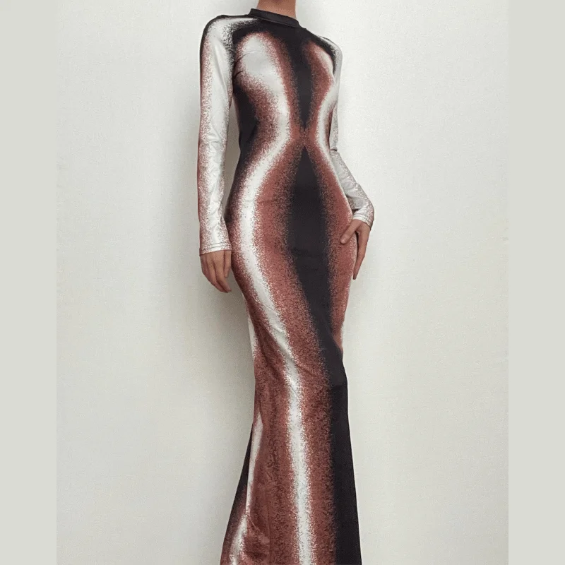 Contrast high neck long sleeve slit maxi dress Trendy Maxi Dress with Belt