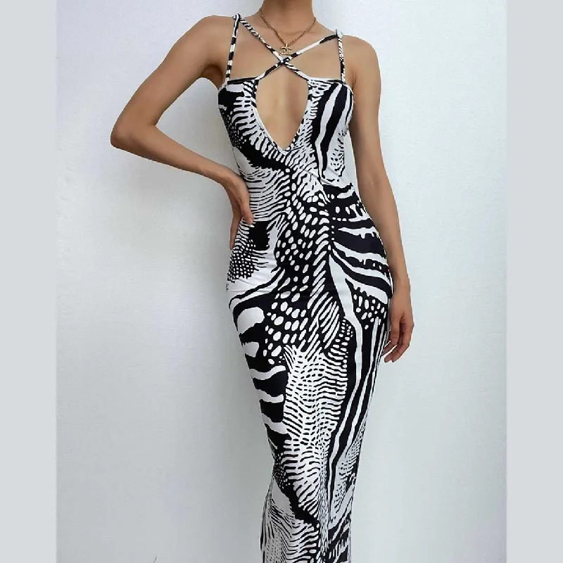 Contrast print cross front backless low cut maxi dress Comfortable Casual Maxi Dress