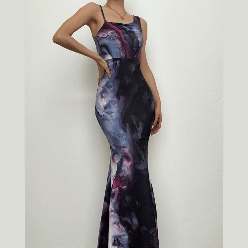 Contrast print irregular sleeveless backless maxi dress Trendy Maxi Dress with Straps