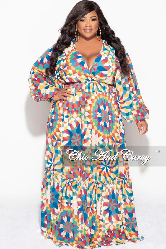 Final Sale Plus Size Chiffon Faux Wrap Maxi Dress In Multi Color Design Print Trendy V-Neck Maxi Dress Final Sale Plus Size Chiffon Faux Wrap Maxi Dress In Multi Color Design Print Trendy V-Neck Maxi Dress