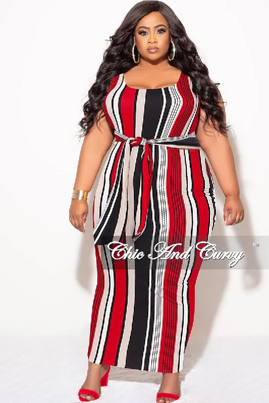 Final Sale Plus Size Sleeveless Maxi Dress with Waist Tie in Red Black and White Stripe Print Classic A-Line Maxi Dress Final Sale Plus Size Sleeveless Maxi Dress with Waist Tie in Red Black and White Stripe Print Classic A-Line Maxi Dress