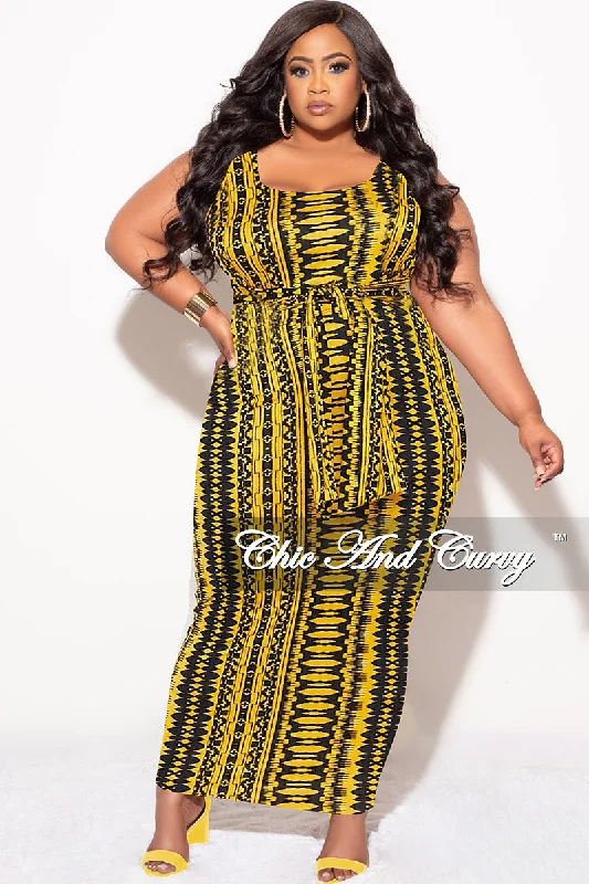 Final Sale Plus Size Sleeveless Maxi Dress with Waist Tie in Yellow and Black Design Print Comfortable Ruffle Hem Maxi Dress Final Sale Plus Size Sleeveless Maxi Dress with Waist Tie in Yellow and Black Design Print Comfortable Ruffle Hem Maxi Dress