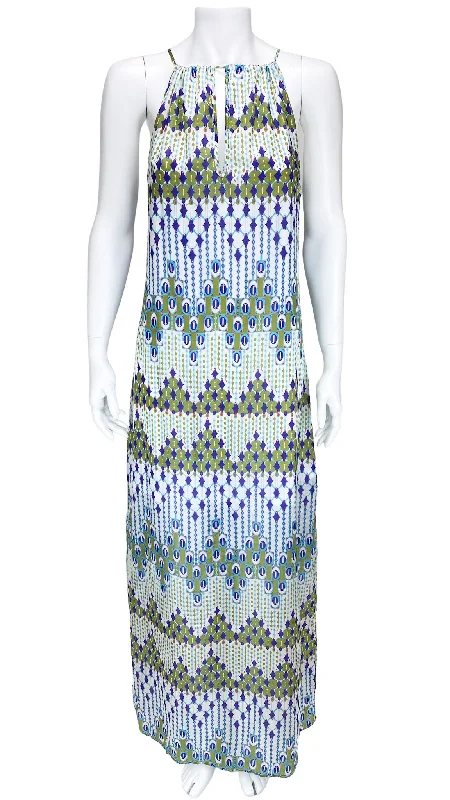 Subtle Luxury, Women's Printed Silk Maxi Dress, White/Multi, Size M Stylish Maxi Dress with Frills