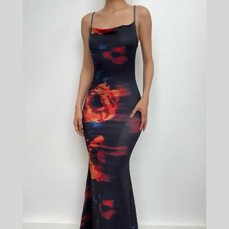 Cowl neck print cami maxi dress Comfortable Satin Maxi Dress