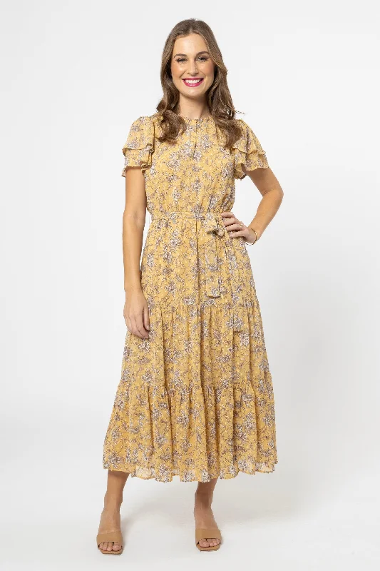 Cruise Gold Garden Floral Tiered Maxi Dress Chic Boho Print Maxi Dress