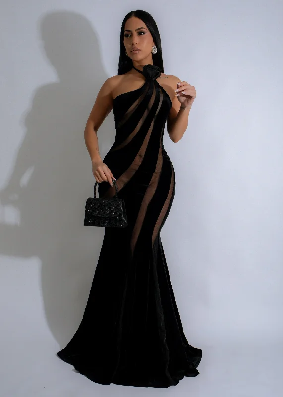 Dark Radiance Velvet Floral Mesh Maxi Dress Black Elegant Maxi Dress with Belt