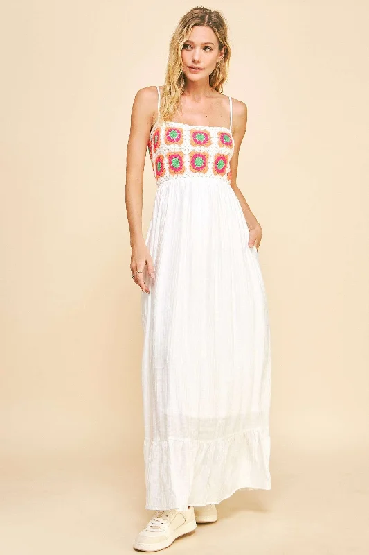 Davi & Dani Crochet Bodice Maxi Dress in White Cozy Maxi Dress with Slit