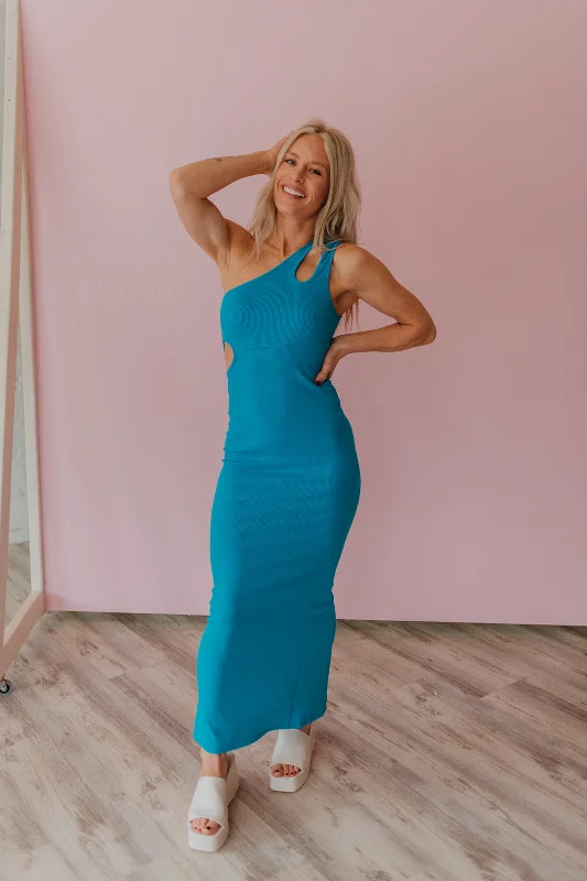 Definite Keeper Aqua Cut Out Maxi Dress Cozy Cold-Shoulder Maxi Dress