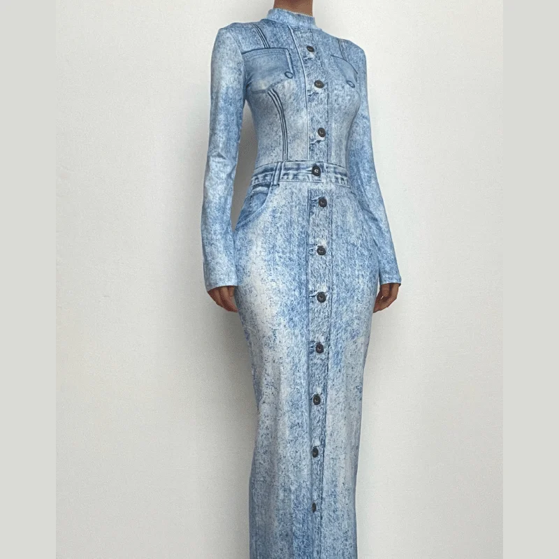 Denim print contrast high neck long sleeve maxi dress Classic A-Line Maxi Dress