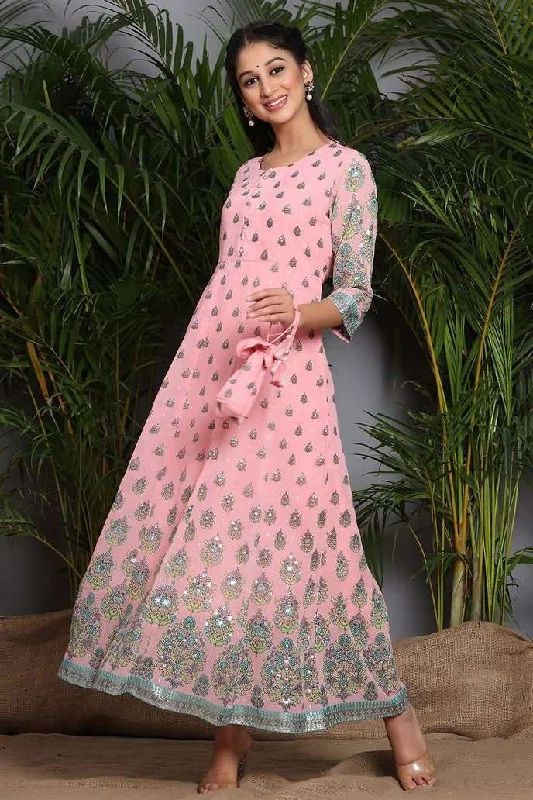 Pink & Green Printed Maxi Dress Elegant Floral Maxi Dress