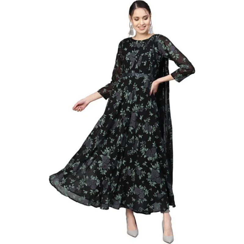 Floral Maxi Dress With Attached Dupatta Classic A-Line Maxi Dress