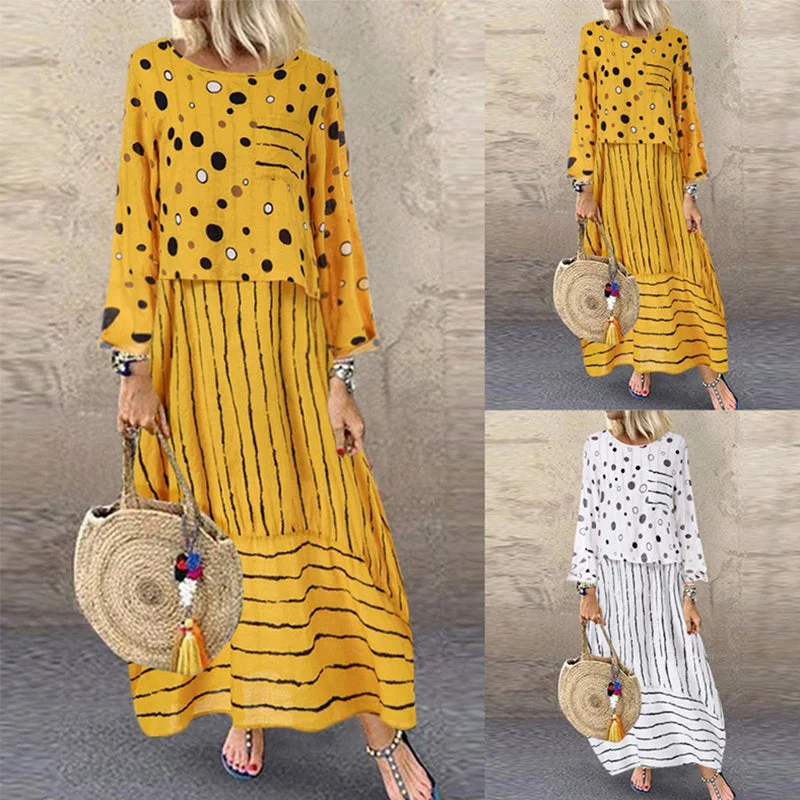 Women long maxi dresses Polka dot large loose fake two-piece cotton linen dress Cozy Knit Maxi Dress Women long maxi dresses Polka dot large loose fake two-piece cotton linen dress Cozy Knit Maxi Dress