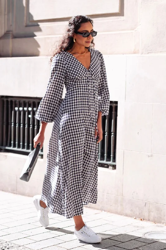 Elixir Navy Gingham LS Tie Front Maxi Dress Comfortable Ruffle Maxi Dress