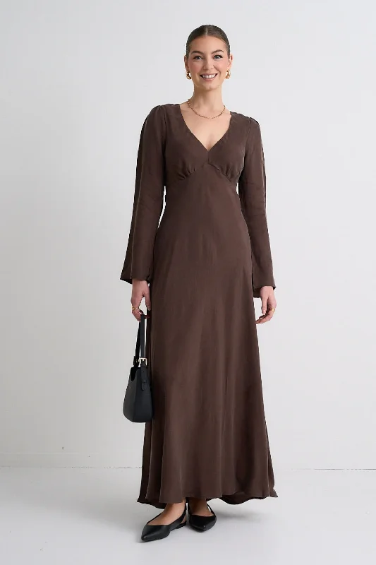 Equinox Cocoa Cupro Blend LS Maxi Dress Trendy Printed Maxi Dress