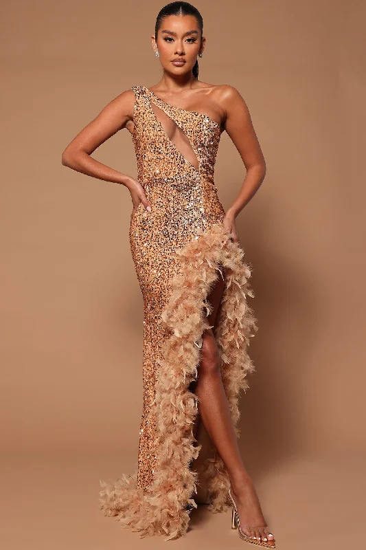 Esme Sequin Feather Maxi Dress - Nude Elegant Silk Maxi Dress