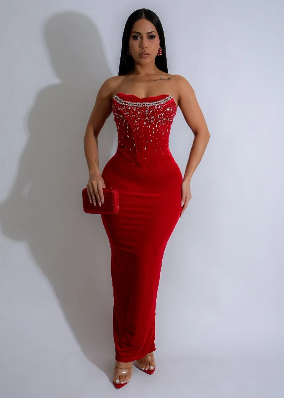 Eternal Night Velvet Rhinestone Maxi Dress Red Fashionable Button-Down Maxi Dress
