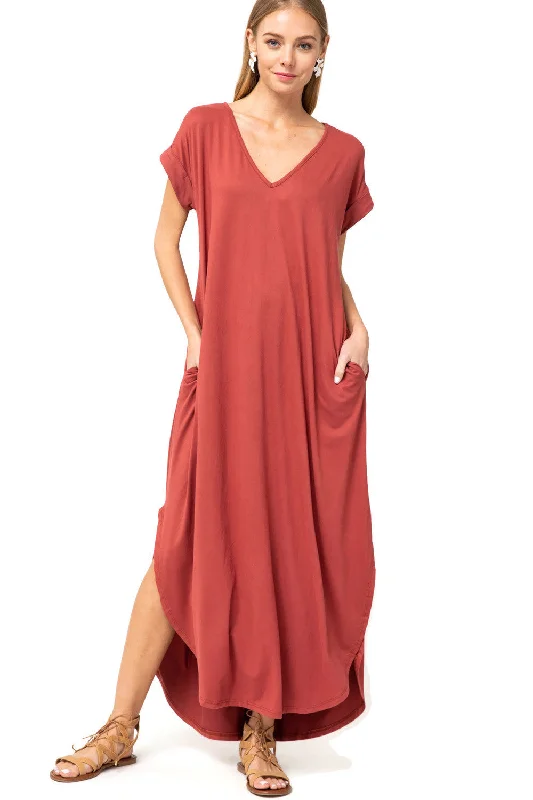 Everyday Pocket Maxi Dress, Marsala Comfortable Maxi Dress with Belt