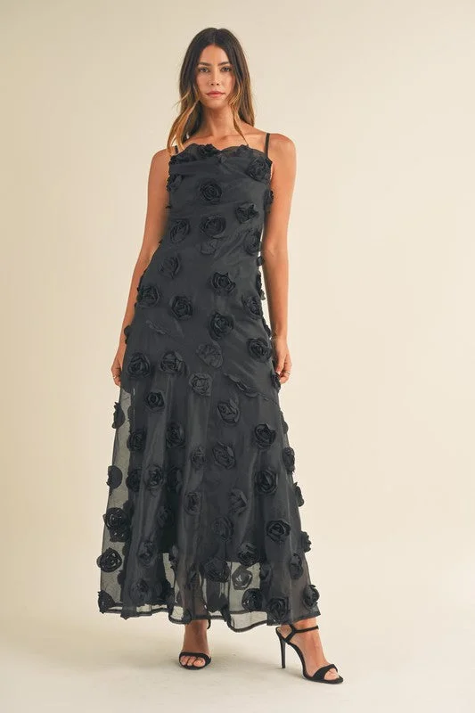 Floral Splendor Black Maxi Dress Fashionable Open-Back Maxi Dress