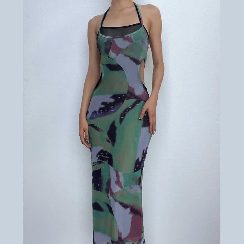 Halter self tie contrast print sheer mesh backless hollow out cut out maxi dress Stylish Off-Shoulder Maxi Dress