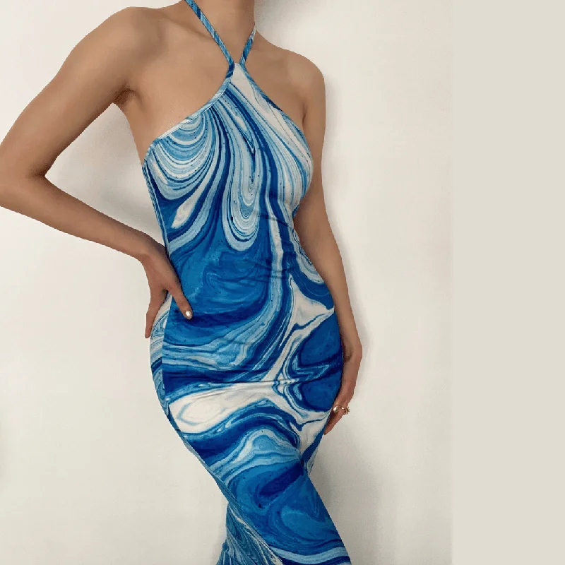 Halter tie back slit tie dye maxi dress Trendy Floral Print Maxi Dress