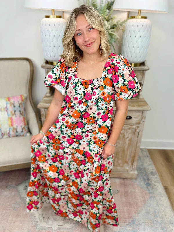 Floral Multi Poplin Square Neck Maxi Dress Trendy Off-Shoulder Ruffle Maxi Dress