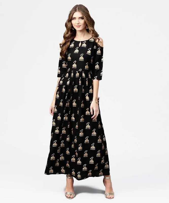 Black & Golden Block Print Maxi Dress Classic A-Line Maxi Dress