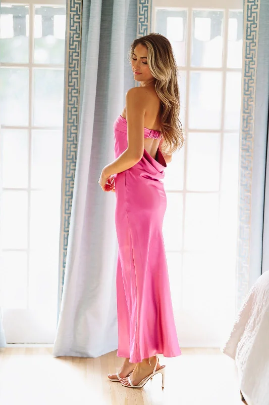 Infinite Satin Maxi Dress - Magenta Stylish Long Sleeve Maxi Dress