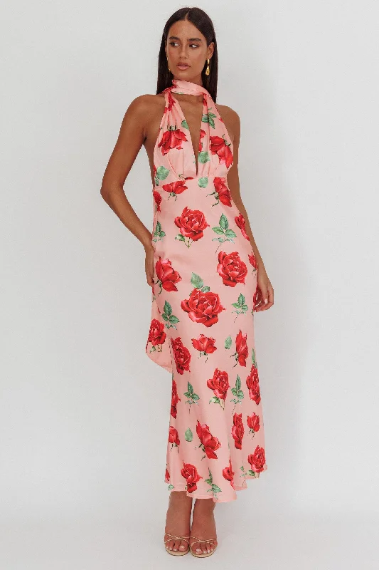 Italia Azure Halterneck Maxi Dress Rose Elegant Lace-Up Maxi Dress