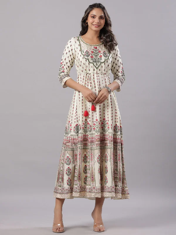 Jashvi Yellow Ethnic Motif Printed Flared Shantoon Maxi Dress With Beads & Sequins Work Stylish A-Line Maxi Dress