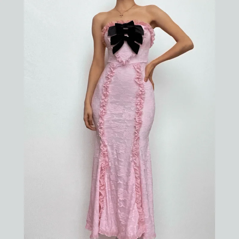 Lace contrast bowknot zip-up ruffle backless tube maxi dress Comfortable Fit-and-Flare Maxi Dress Lace contrast bowknot zip-up ruffle backless tube maxi dress Comfortable Fit-and-Flare Maxi Dress