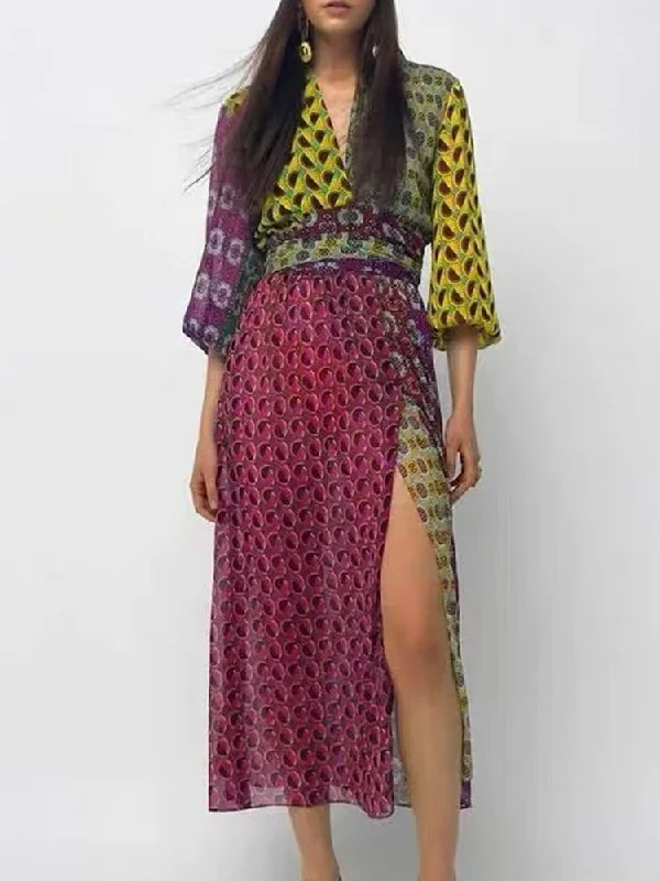 French V-Neck Colorblock 3/4 Puff Sleeve Printed Wrap Maxi Dress Trendy V-Neck Maxi Dress