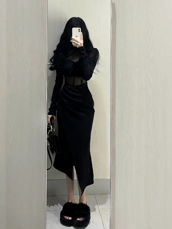 Long Sleeve Black Bodycon Sheer Maxi Dress Stylish Boho Chic Maxi Dress