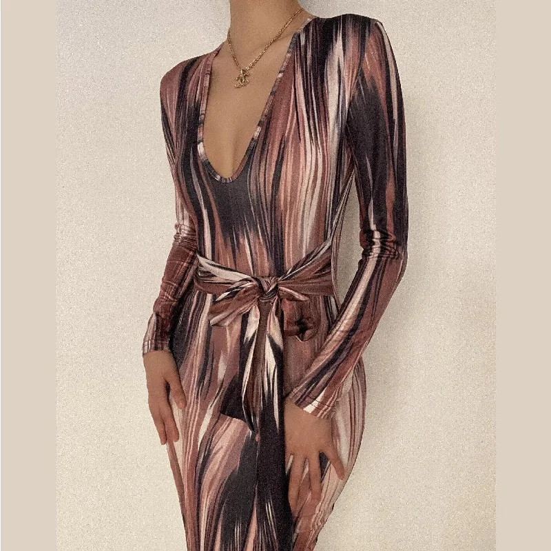 Long sleeve deep v neck knotted print maxi dress Stylish A-Line Maxi Dress