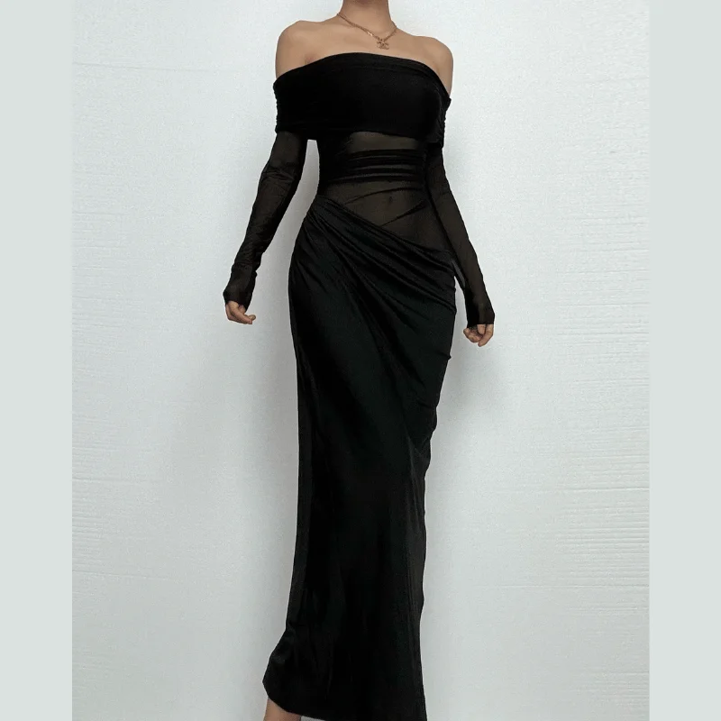 Long sleeve off shoulder mesh ruched maxi dress Elegant Maxi Dress with Belt