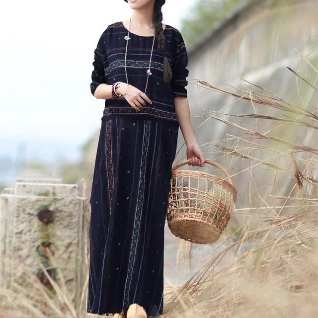 Vintage Striped Loose Boho Maxi Dress  | Zen Stylish Maxi Dress with Frills