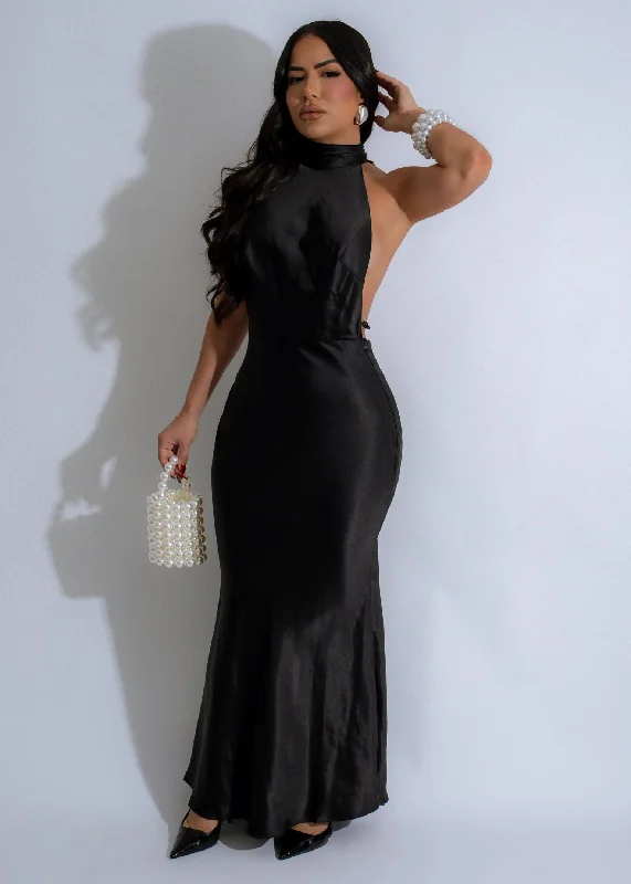 Luminous Drift Pearl Satin Maxi Dress Black Elegant Tiered Maxi Dress
