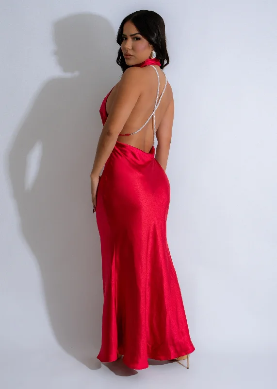 Luminous Drift Pearl Satin Maxi Dress Red Trendy Short Sleeve Maxi Dress